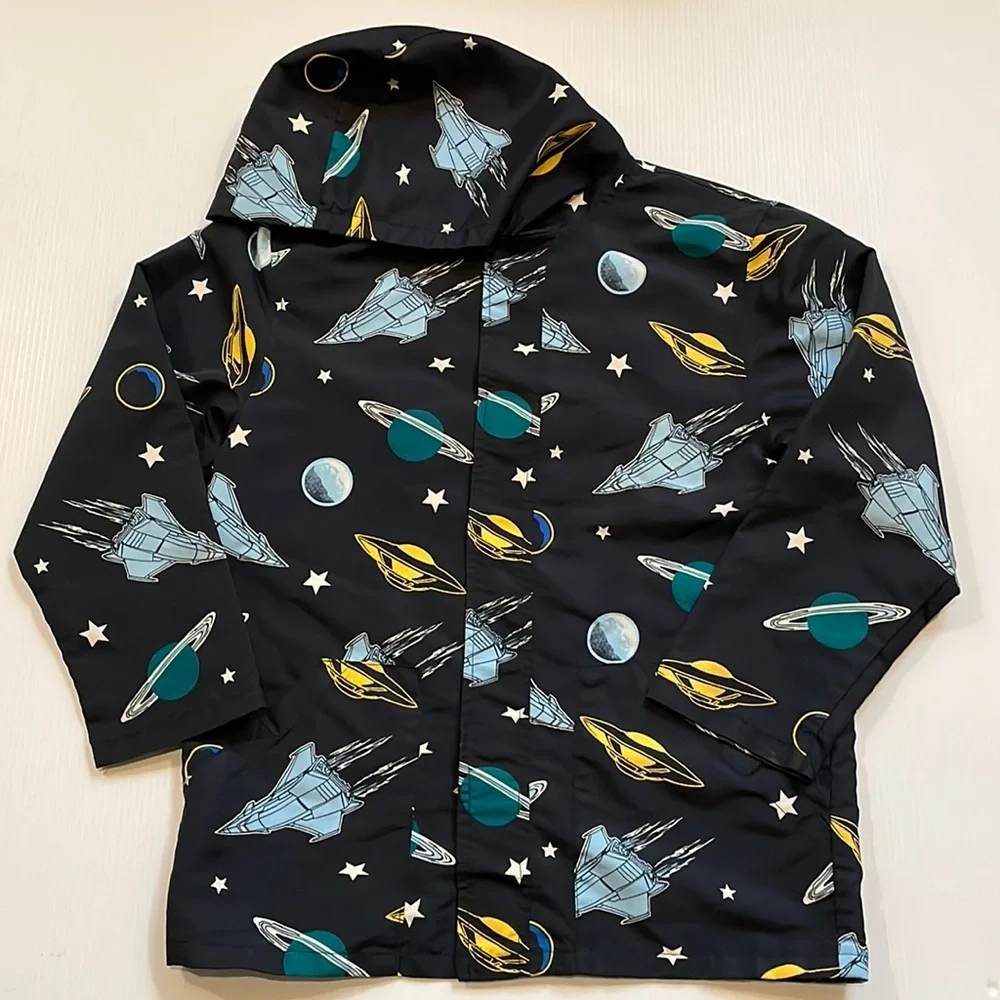 Gymboree light weight hooded jacket.  Planets and spaceships.  Boys size large